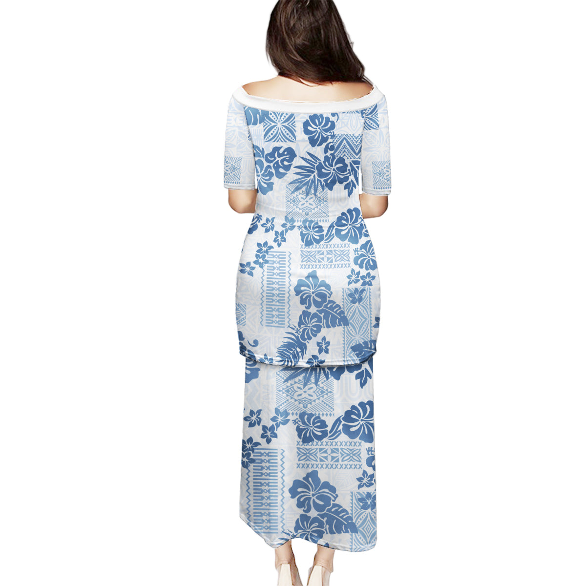 Vintage Hawaii Family Matching Puletasi Dress and Hawaiian Shirt Hibiscus Tapa Tribal With Hawaiian Quilt Pattern Blue - Wonder Print Shop