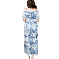 Vintage Hawaii Family Matching Puletasi Dress and Hawaiian Shirt Hibiscus Tapa Tribal With Hawaiian Quilt Pattern Blue - Wonder Print Shop