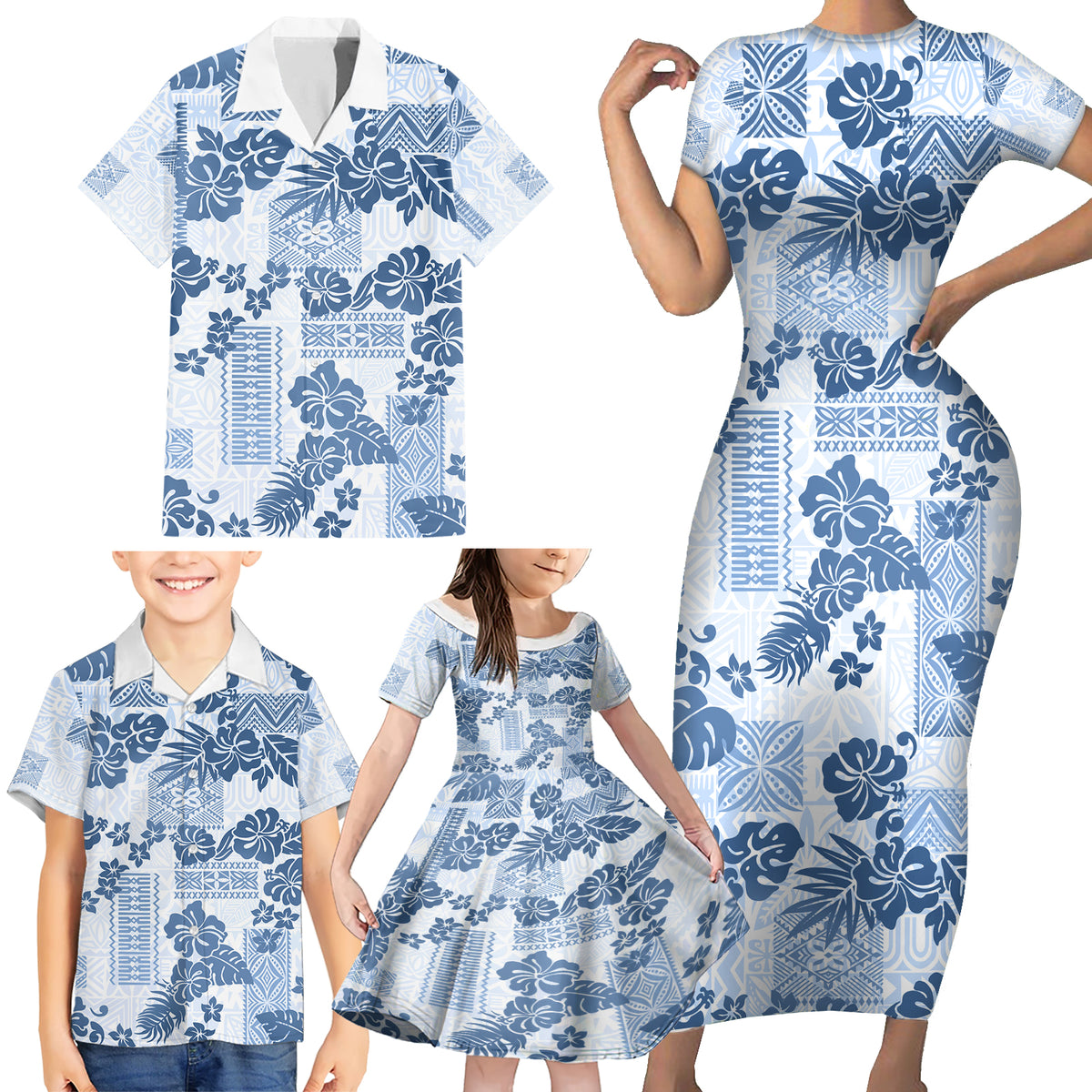 Vintage Hawaii Family Matching Short Sleeve Bodycon Dress and Hawaiian Shirt Hibiscus Tapa Tribal With Hawaiian Quilt Pattern Blue - Wonder Print Shop