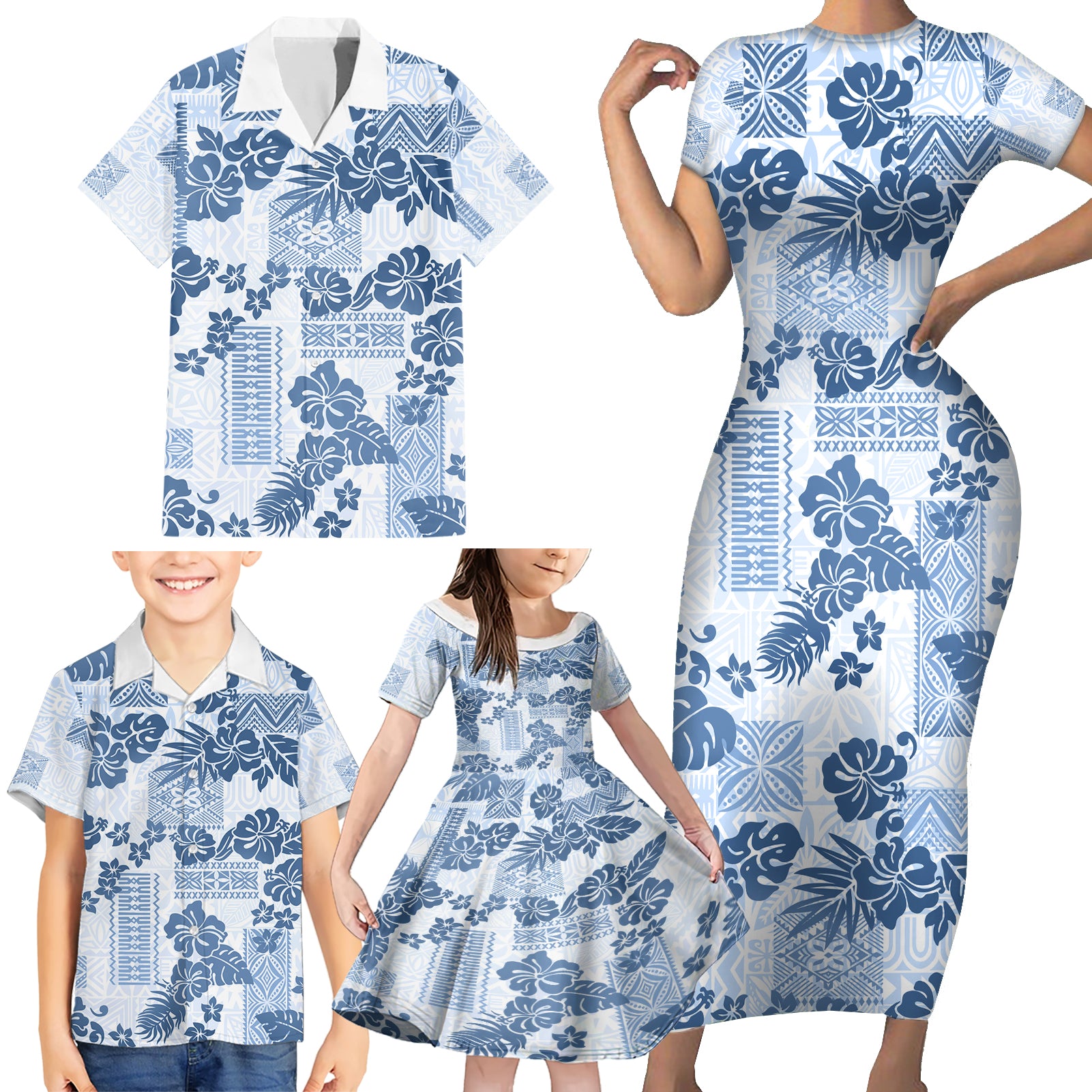 Vintage Hawaii Family Matching Short Sleeve Bodycon Dress and Hawaiian Shirt Hibiscus Tapa Tribal With Hawaiian Quilt Pattern Blue - Wonder Print Shop