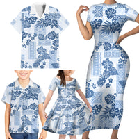 Vintage Hawaii Family Matching Short Sleeve Bodycon Dress and Hawaiian Shirt Hibiscus Tapa Tribal With Hawaiian Quilt Pattern Blue - Wonder Print Shop