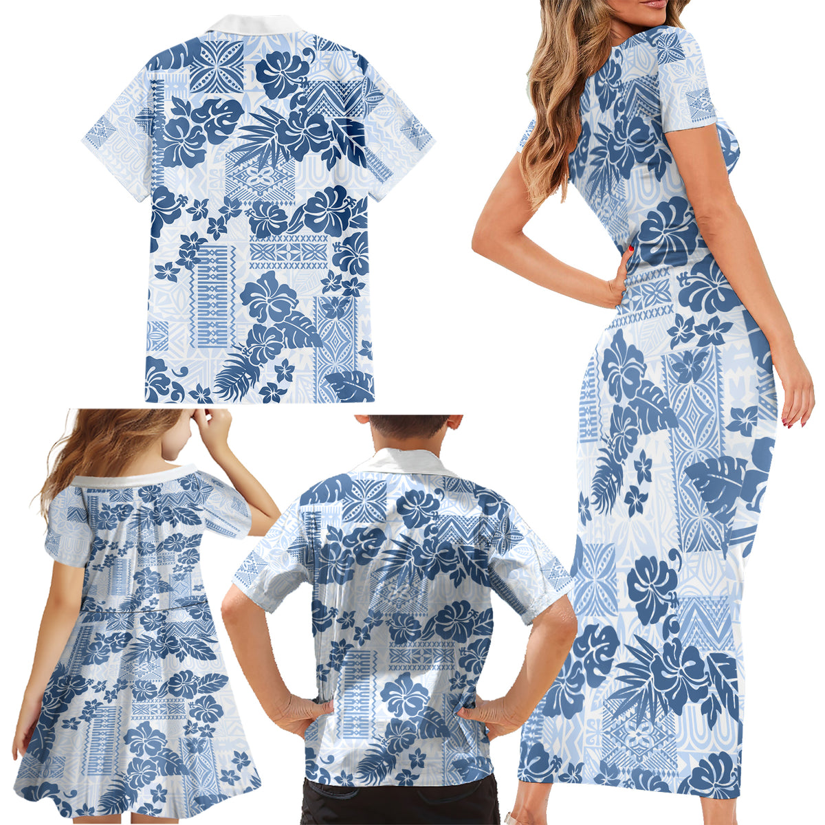 Vintage Hawaii Family Matching Short Sleeve Bodycon Dress and Hawaiian Shirt Hibiscus Tapa Tribal With Hawaiian Quilt Pattern Blue - Wonder Print Shop