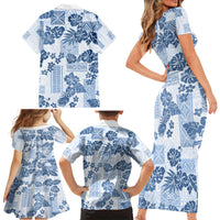 Vintage Hawaii Family Matching Short Sleeve Bodycon Dress and Hawaiian Shirt Hibiscus Tapa Tribal With Hawaiian Quilt Pattern Blue - Wonder Print Shop