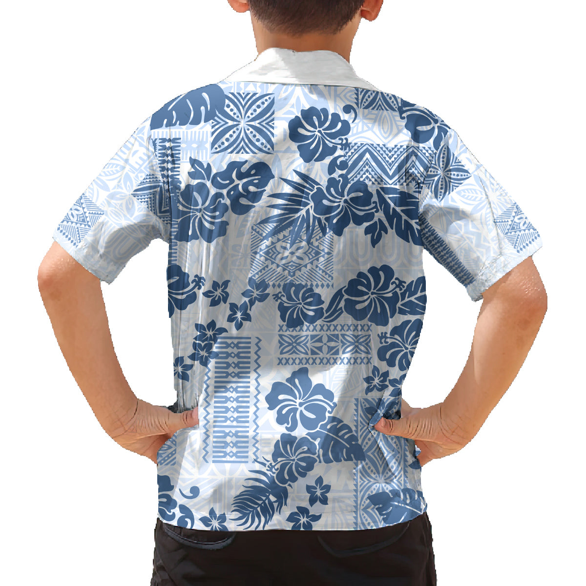 Vintage Hawaii Family Matching Summer Maxi Dress and Hawaiian Shirt Hibiscus Tapa Tribal With Hawaiian Quilt Pattern Blue - Wonder Print Shop