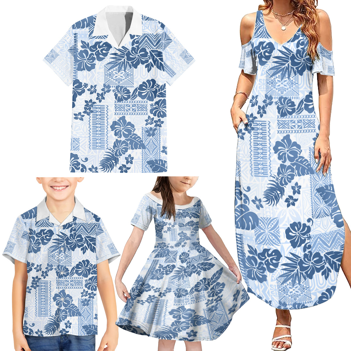 Vintage Hawaii Family Matching Summer Maxi Dress and Hawaiian Shirt Hibiscus Tapa Tribal With Hawaiian Quilt Pattern Blue - Wonder Print Shop