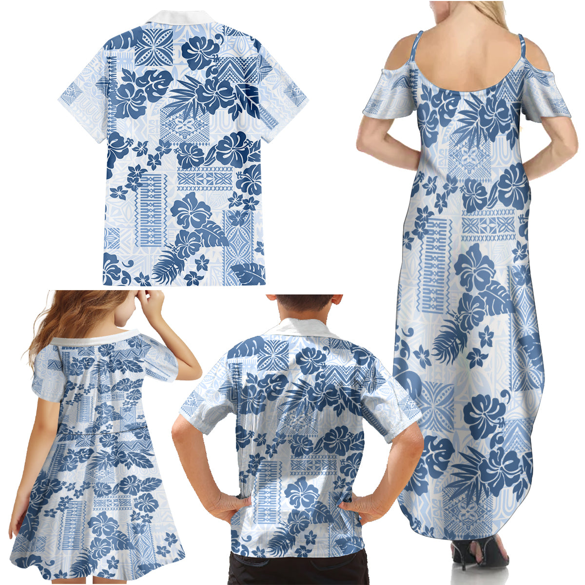 Vintage Hawaii Family Matching Summer Maxi Dress and Hawaiian Shirt Hibiscus Tapa Tribal With Hawaiian Quilt Pattern Blue - Wonder Print Shop
