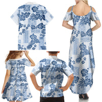 Vintage Hawaii Family Matching Summer Maxi Dress and Hawaiian Shirt Hibiscus Tapa Tribal With Hawaiian Quilt Pattern Blue - Wonder Print Shop