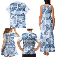 Vintage Hawaii Family Matching Tank Maxi Dress and Hawaiian Shirt Hibiscus Tapa Tribal With Hawaiian Quilt Pattern Blue - Wonder Print Shop