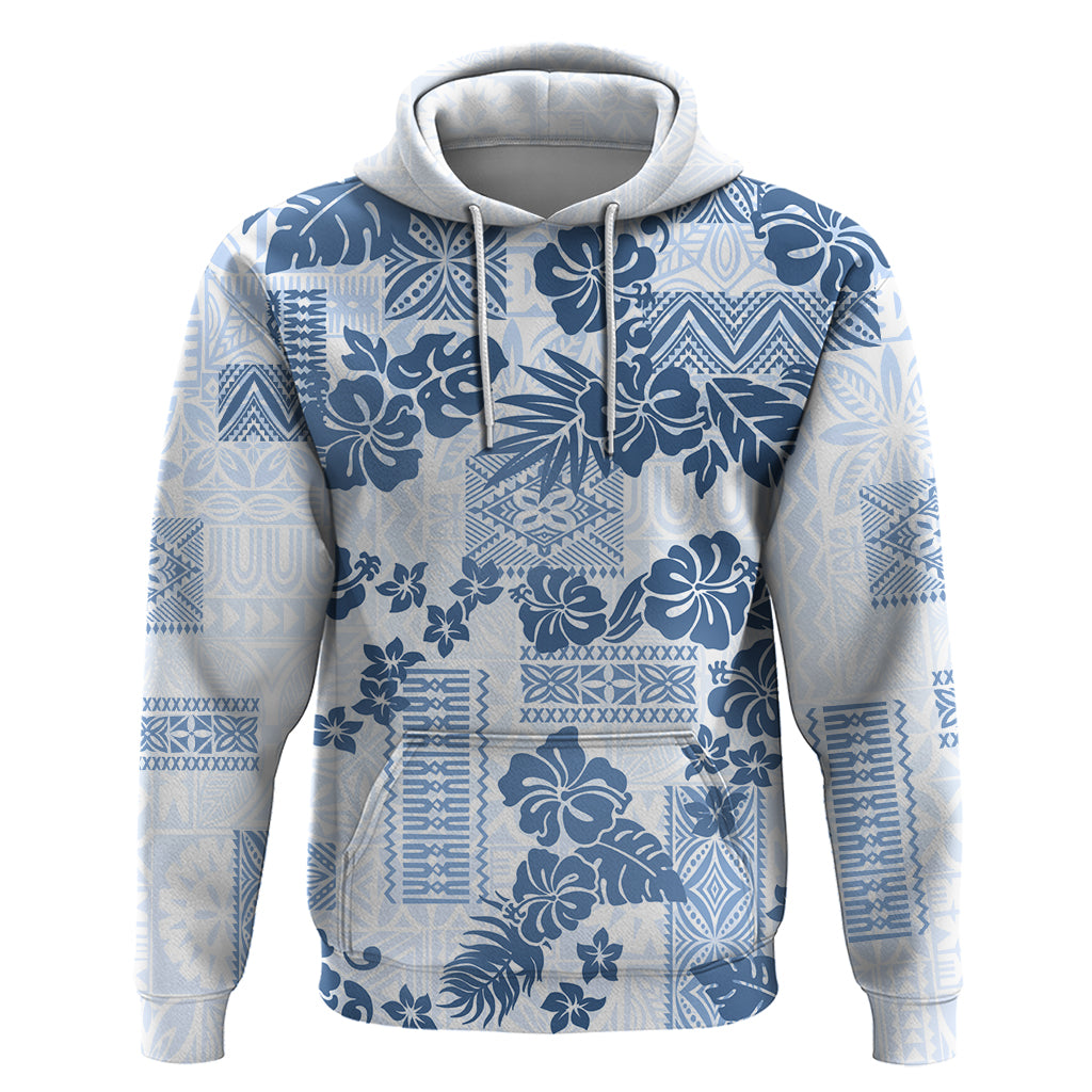 Vintage Hawaii Hoodie Hibiscus Tapa Tribal With Hawaiian Quilt Pattern Blue - Wonder Print Shop