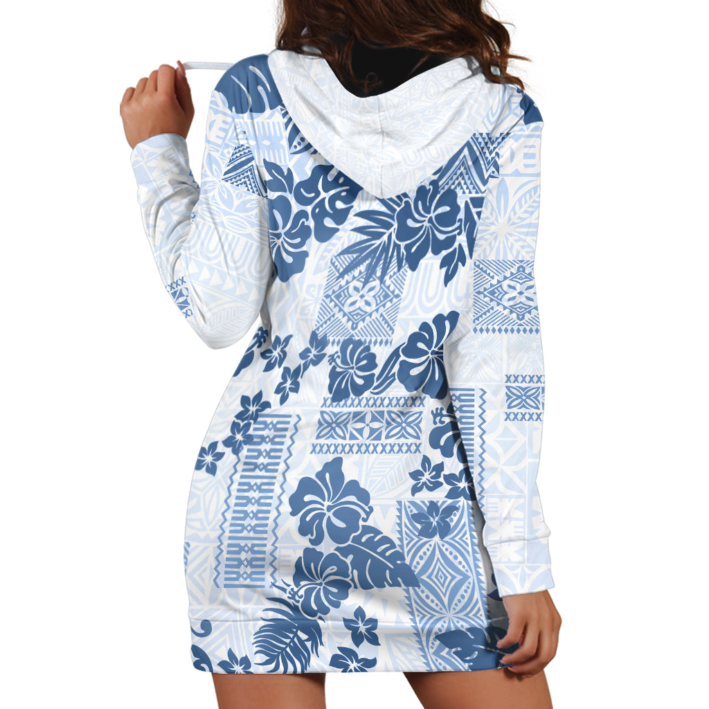 Vintage Hawaii Hoodie Dress Hibiscus Tapa Tribal With Hawaiian Quilt Pattern Blue - Wonder Print Shop