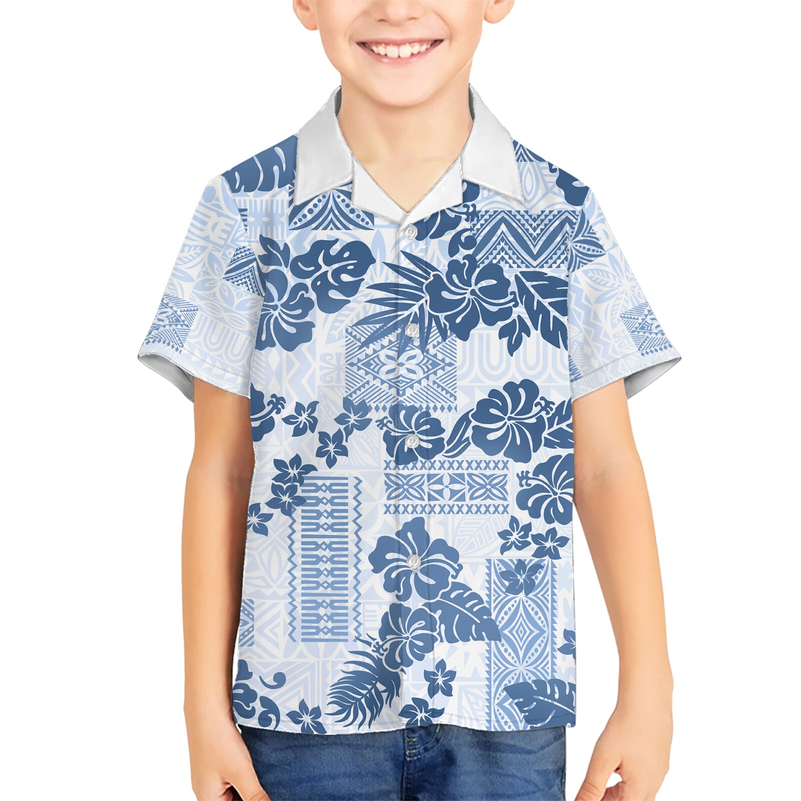 Vintage Hawaii Kid Hawaiian Shirt Hibiscus Tapa Tribal With Hawaiian Quilt Pattern Blue - Wonder Print Shop