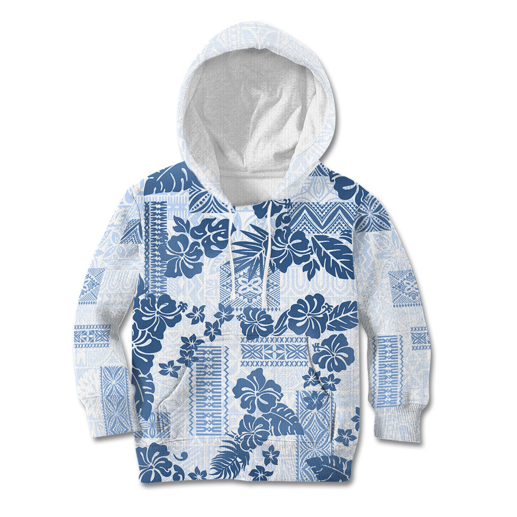 Vintage Hawaii Kid Hoodie Hibiscus Tapa Tribal With Hawaiian Quilt Pattern Blue - Wonder Print Shop