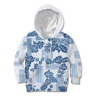 Vintage Hawaii Kid Hoodie Hibiscus Tapa Tribal With Hawaiian Quilt Pattern Blue - Wonder Print Shop