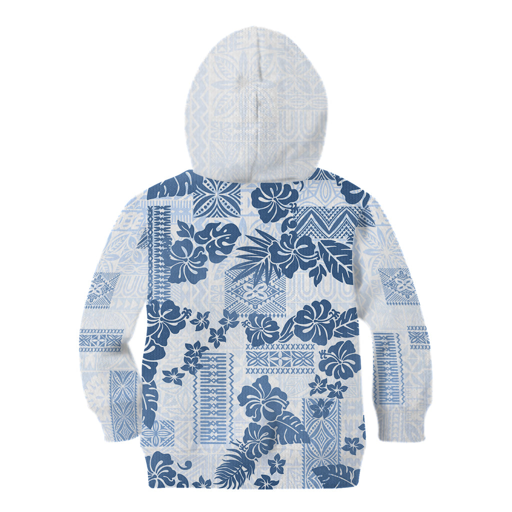 Vintage Hawaii Kid Hoodie Hibiscus Tapa Tribal With Hawaiian Quilt Pattern Blue - Wonder Print Shop