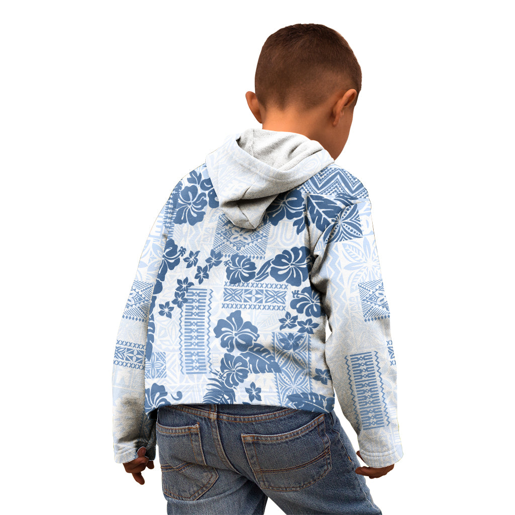 Vintage Hawaii Kid Hoodie Hibiscus Tapa Tribal With Hawaiian Quilt Pattern Blue - Wonder Print Shop