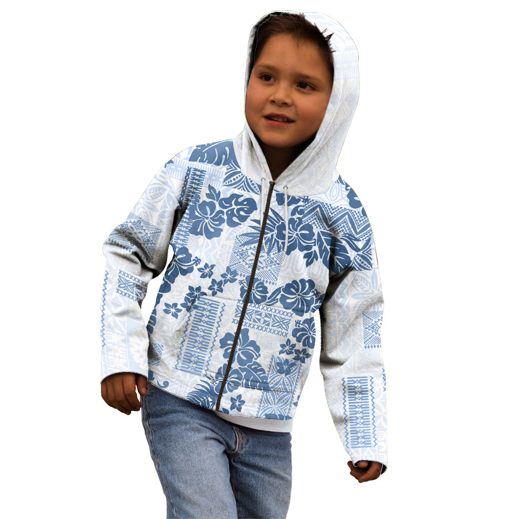 Vintage Hawaii Kid Hoodie Hibiscus Tapa Tribal With Hawaiian Quilt Pattern Blue - Wonder Print Shop