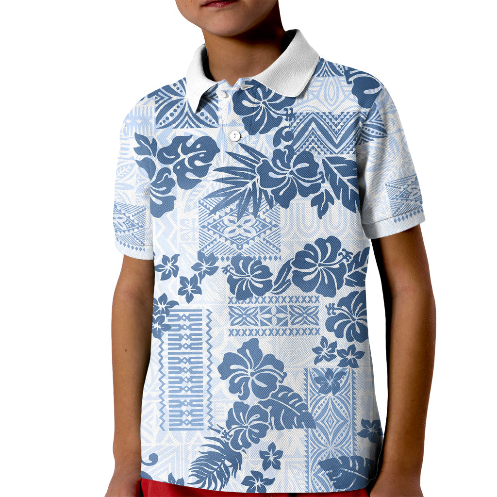 Vintage Hawaii Kid Polo Shirt Hibiscus Tapa Tribal With Hawaiian Quilt Pattern Blue - Wonder Print Shop