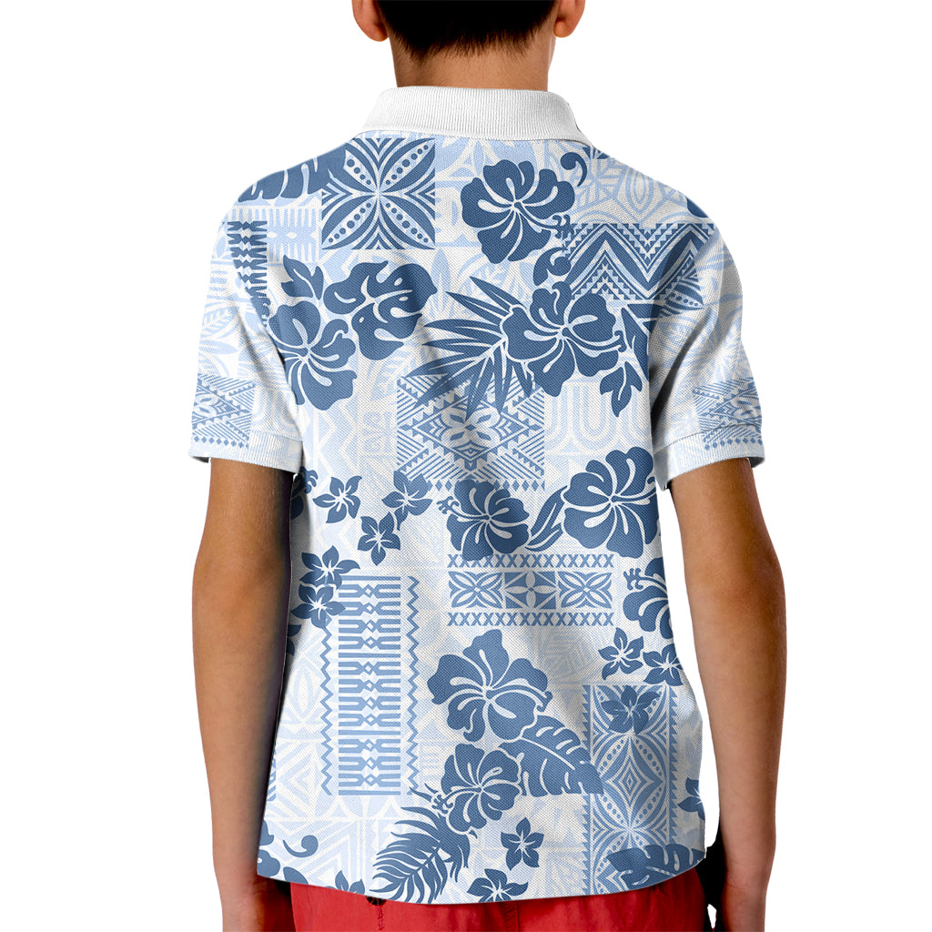 Vintage Hawaii Kid Polo Shirt Hibiscus Tapa Tribal With Hawaiian Quilt Pattern Blue - Wonder Print Shop