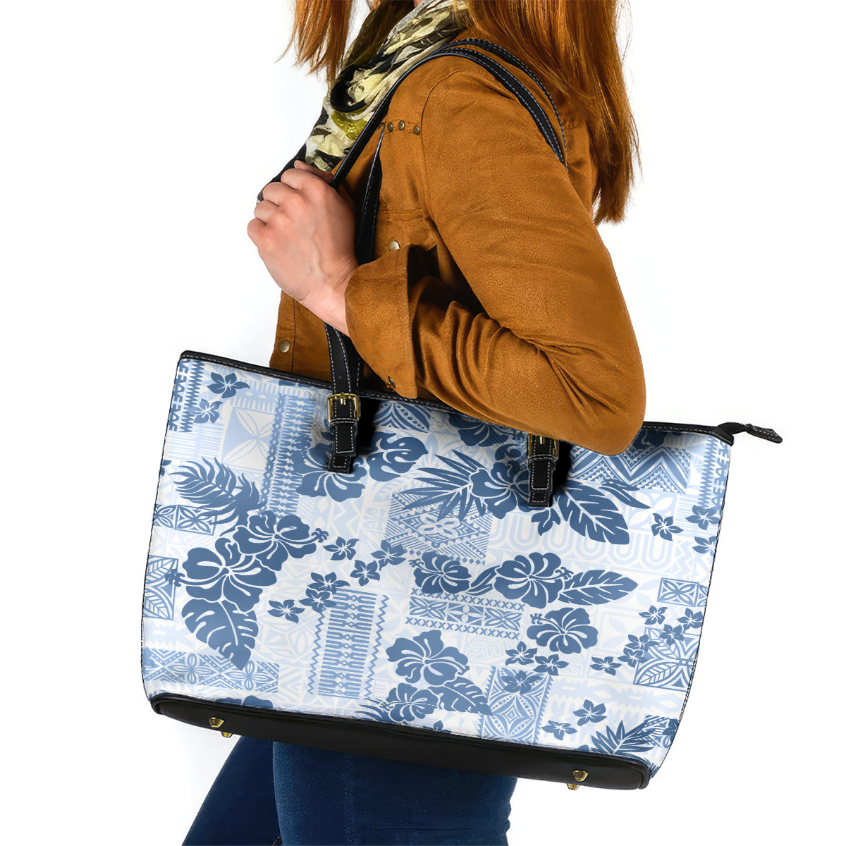 Vintage Hawaii Leather Tote Bag Hibiscus Tapa Tribal With Hawaiian Quilt Pattern Blue - Wonder Print Shop