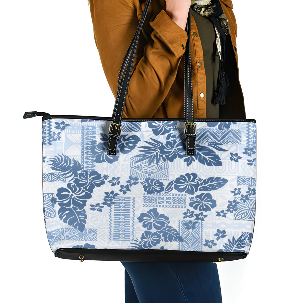 Vintage Hawaii Leather Tote Bag Hibiscus Tapa Tribal With Hawaiian Quilt Pattern Blue - Wonder Print Shop