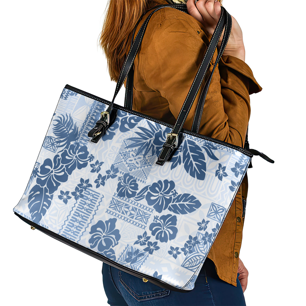 Vintage Hawaii Leather Tote Bag Hibiscus Tapa Tribal With Hawaiian Quilt Pattern Blue - Wonder Print Shop
