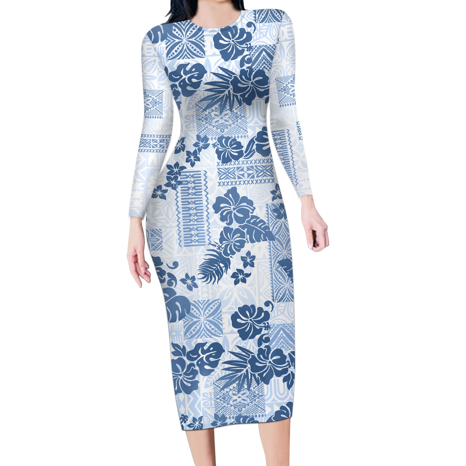 Vintage Hawaii Long Sleeve Bodycon Dress Hibiscus Tapa Tribal With Hawaiian Quilt Pattern Blue - Wonder Print Shop