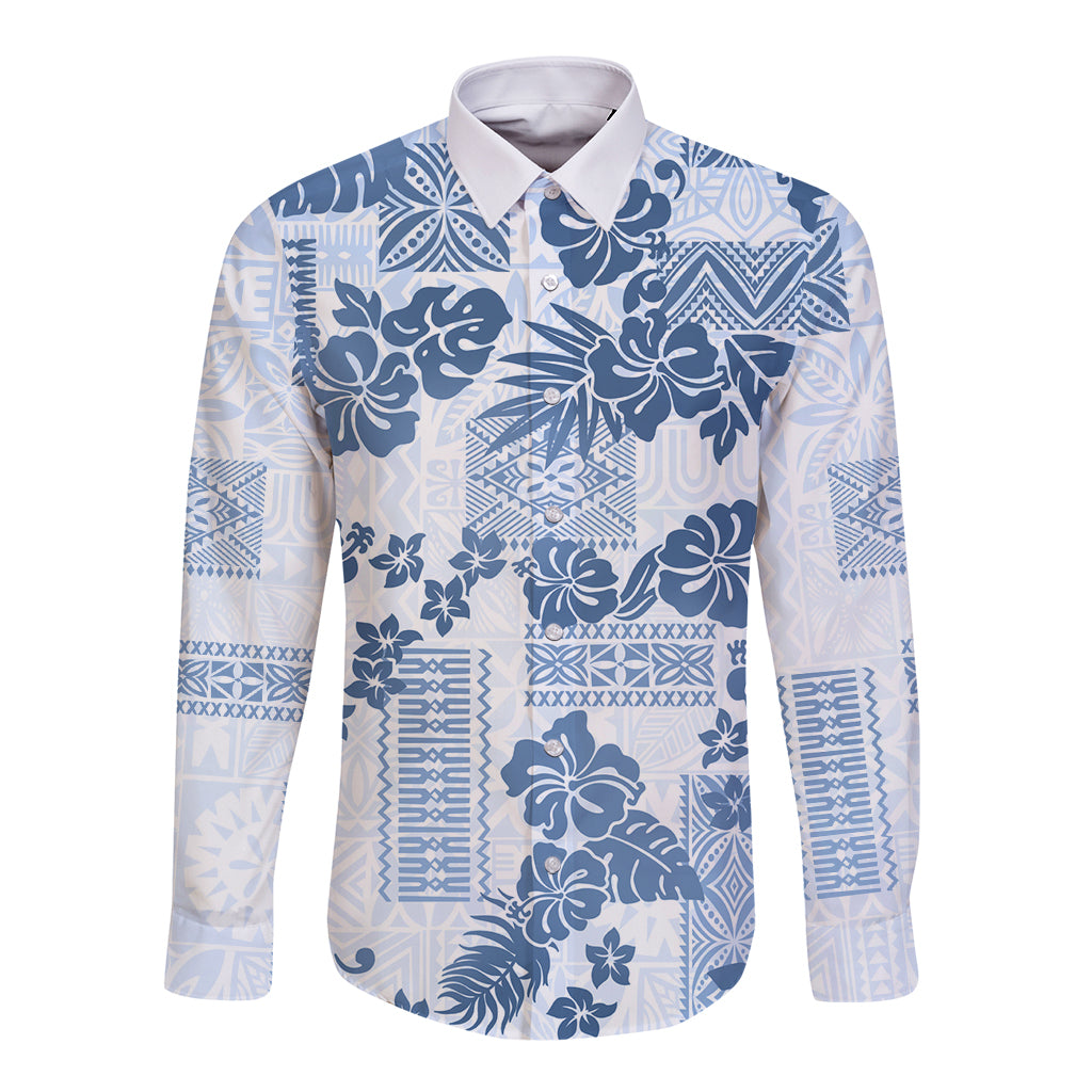 Vintage Hawaii Long Sleeve Button Shirt Hibiscus Tapa Tribal With Hawaiian Quilt Pattern Blue - Wonder Print Shop