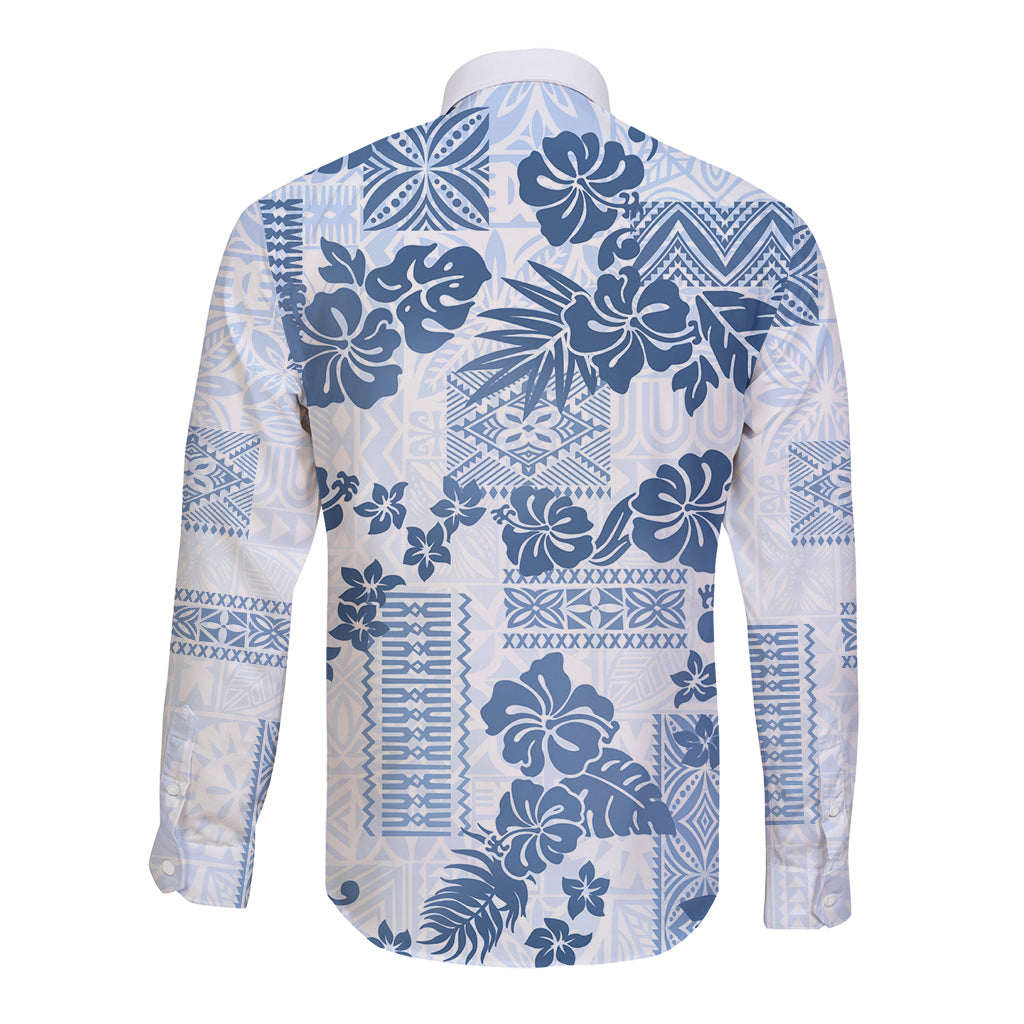 Vintage Hawaii Long Sleeve Button Shirt Hibiscus Tapa Tribal With Hawaiian Quilt Pattern Blue - Wonder Print Shop
