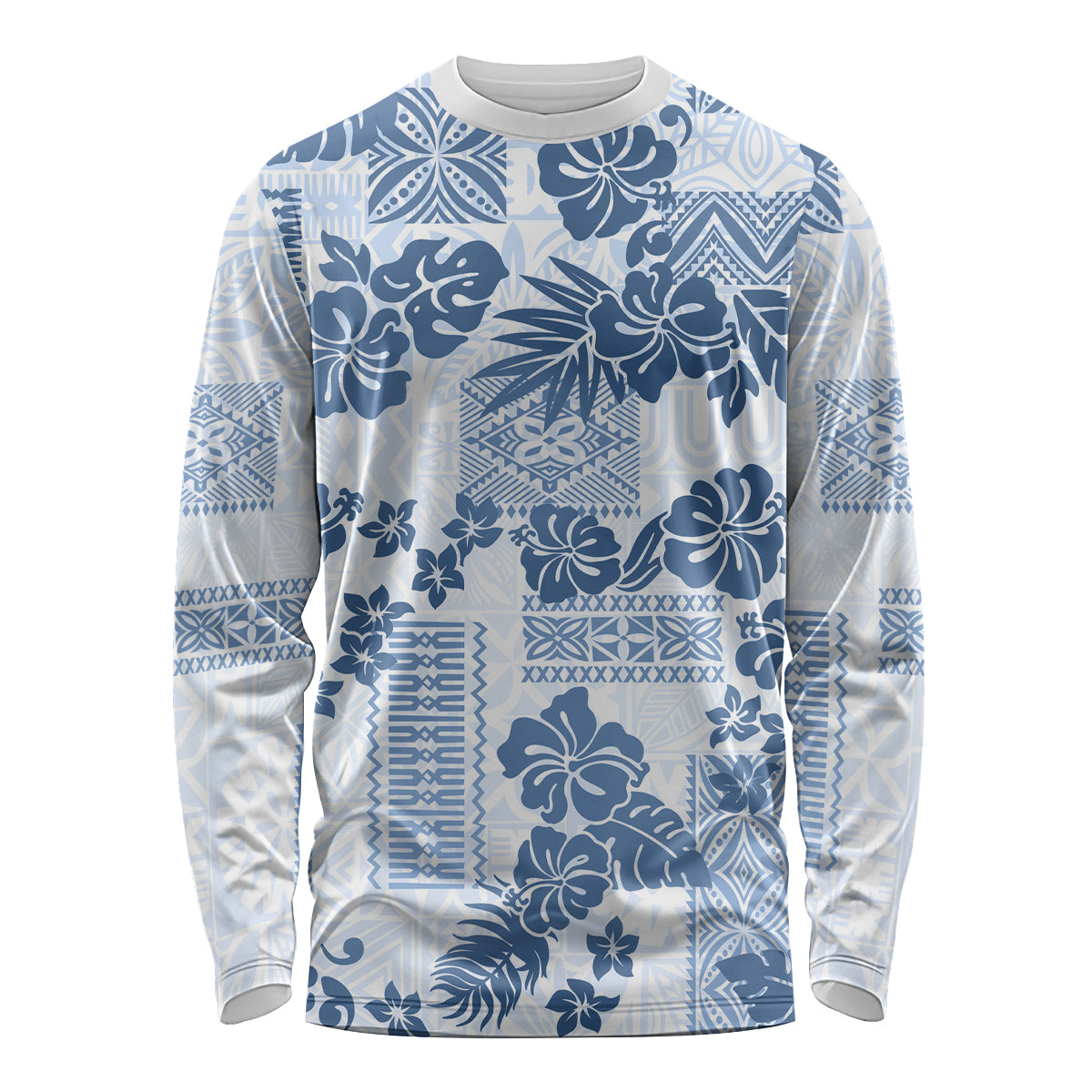 Vintage Hawaii Long Sleeve Shirt Hibiscus Tapa Tribal With Hawaiian Quilt Pattern Blue - Wonder Print Shop