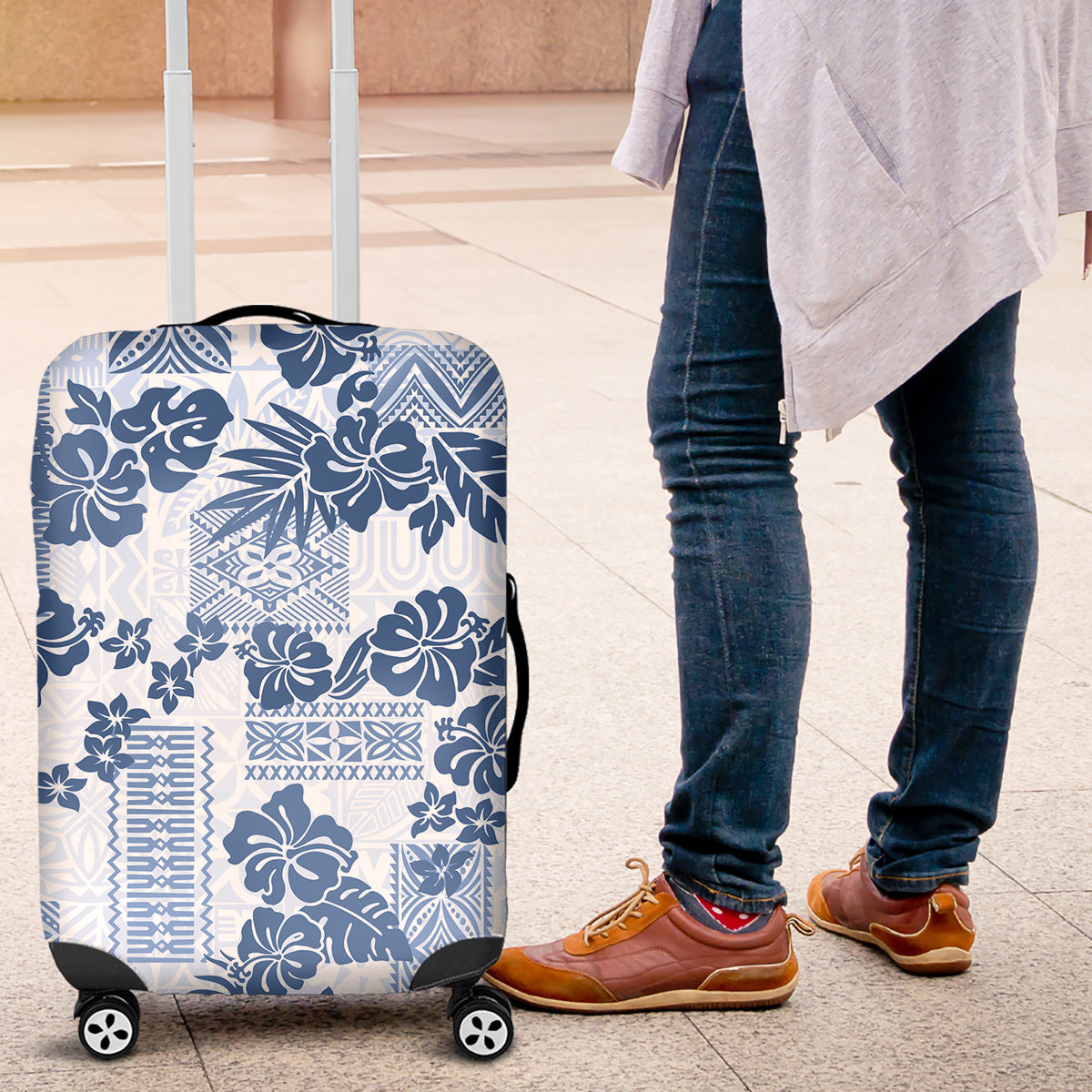 Vintage Hawaii Luggage Cover Hibiscus Tapa Tribal With Hawaiian Quilt Pattern Blue - Wonder Print Shop