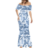 Vintage Hawaii Mermaid Dress Hibiscus Tapa Tribal With Hawaiian Quilt Pattern Blue - Wonder Print Shop