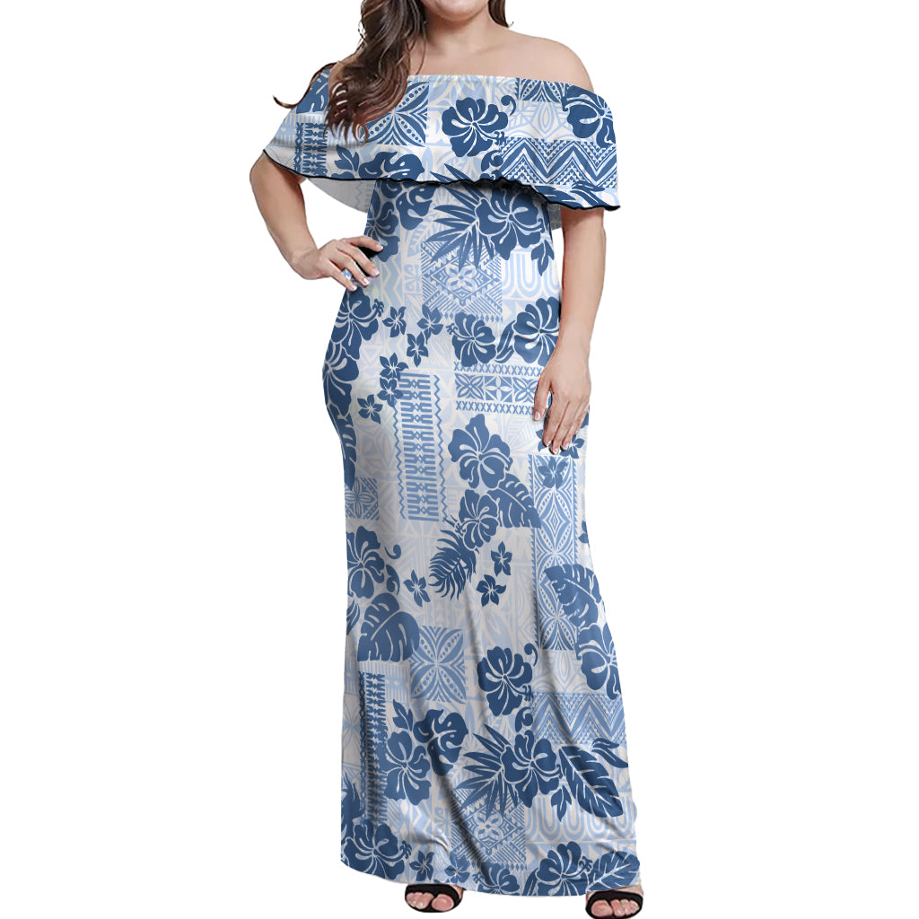 Vintage Hawaii Off Shoulder Maxi Dress Hibiscus Tapa Tribal With Hawaiian Quilt Pattern Blue - Wonder Print Shop