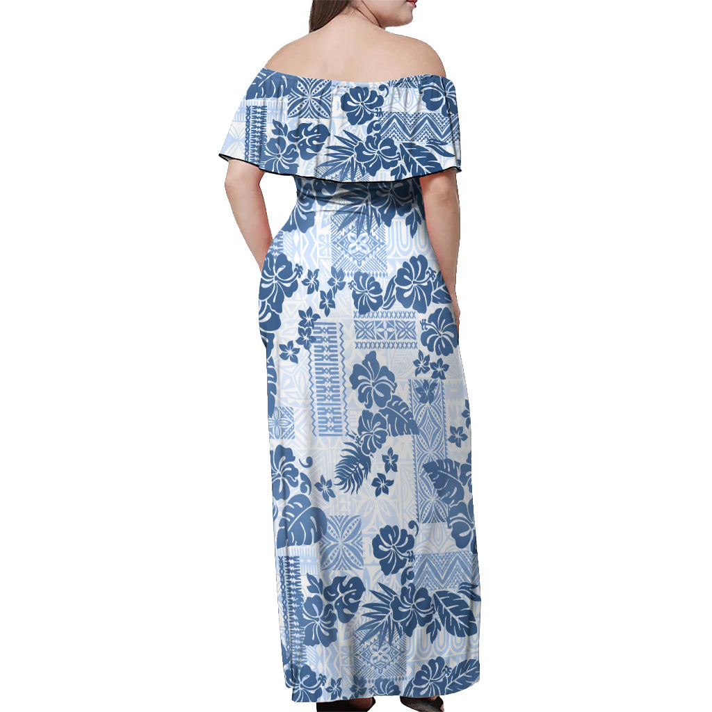Vintage Hawaii Off Shoulder Maxi Dress Hibiscus Tapa Tribal With Hawaiian Quilt Pattern Blue - Wonder Print Shop