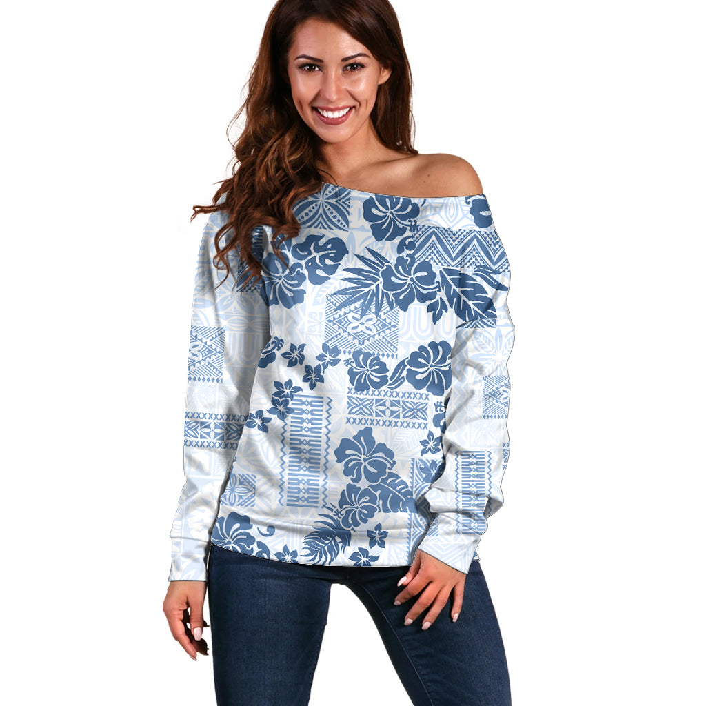 Vintage Hawaii Off Shoulder Sweater Hibiscus Tapa Tribal With Hawaiian Quilt Pattern Blue - Wonder Print Shop