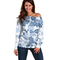 Vintage Hawaii Off Shoulder Sweater Hibiscus Tapa Tribal With Hawaiian Quilt Pattern Blue - Wonder Print Shop