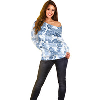 Vintage Hawaii Off Shoulder Sweater Hibiscus Tapa Tribal With Hawaiian Quilt Pattern Blue - Wonder Print Shop