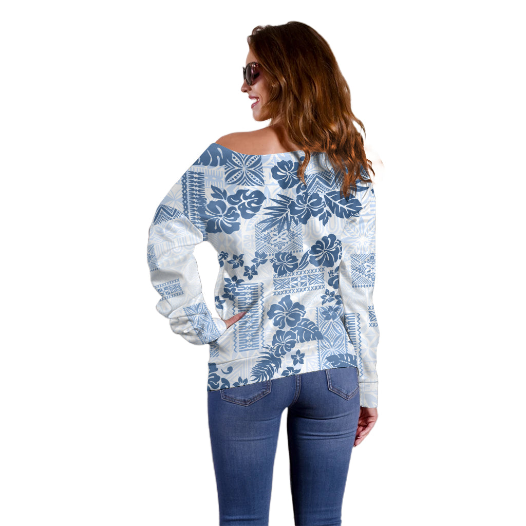 Vintage Hawaii Off Shoulder Sweater Hibiscus Tapa Tribal With Hawaiian Quilt Pattern Blue - Wonder Print Shop