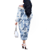 Vintage Hawaii Off The Shoulder Long Sleeve Dress Hibiscus Tapa Tribal With Hawaiian Quilt Pattern Blue - Wonder Print Shop
