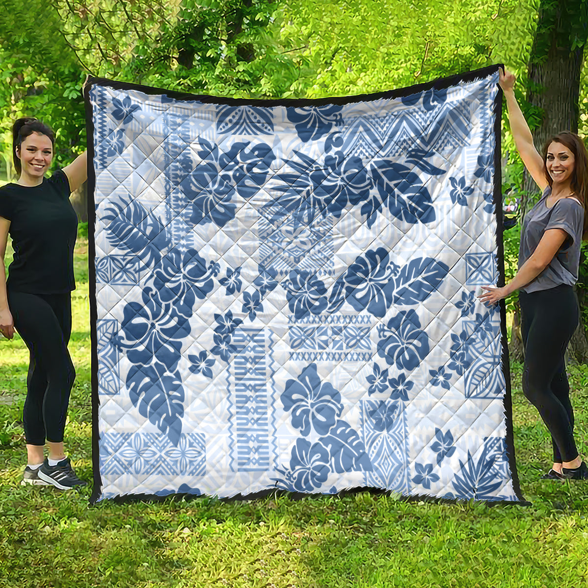 Vintage Hawaii Quilt Hibiscus Tapa Tribal With Hawaiian Quilt Pattern Blue - Wonder Print Shop