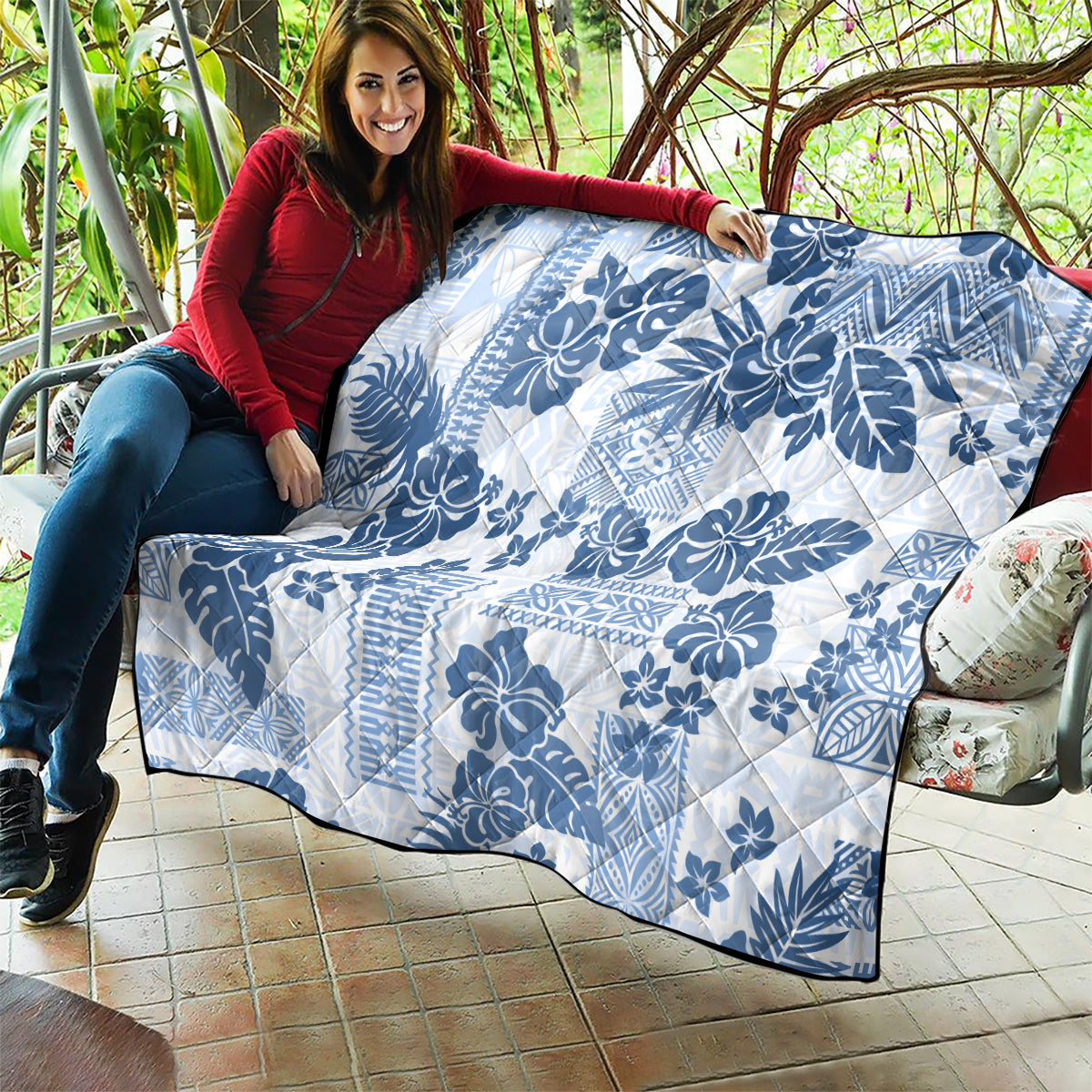 Vintage Hawaii Quilt Hibiscus Tapa Tribal With Hawaiian Quilt Pattern Blue - Wonder Print Shop