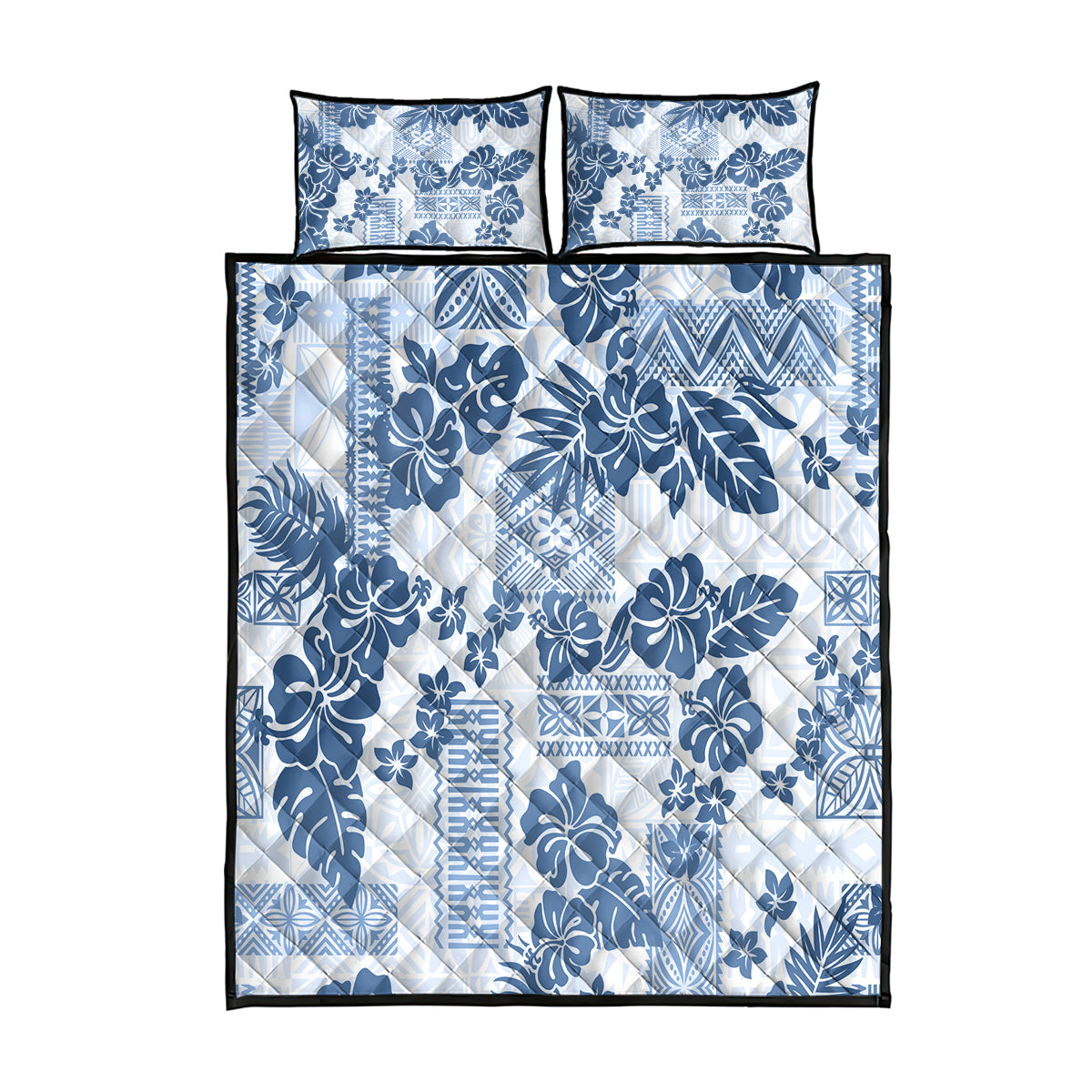 Vintage Hawaii Quilt Bed Set Hibiscus Tapa Tribal With Hawaiian Quilt Pattern Blue - Wonder Print Shop