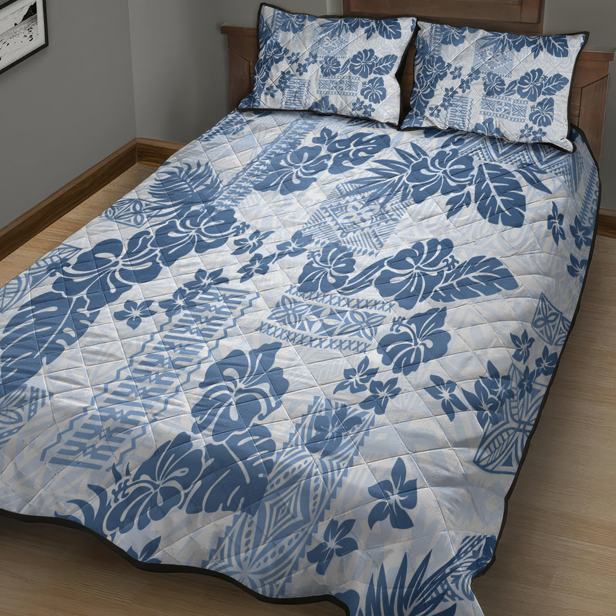 Vintage Hawaii Quilt Bed Set Hibiscus Tapa Tribal With Hawaiian Quilt Pattern Blue - Wonder Print Shop