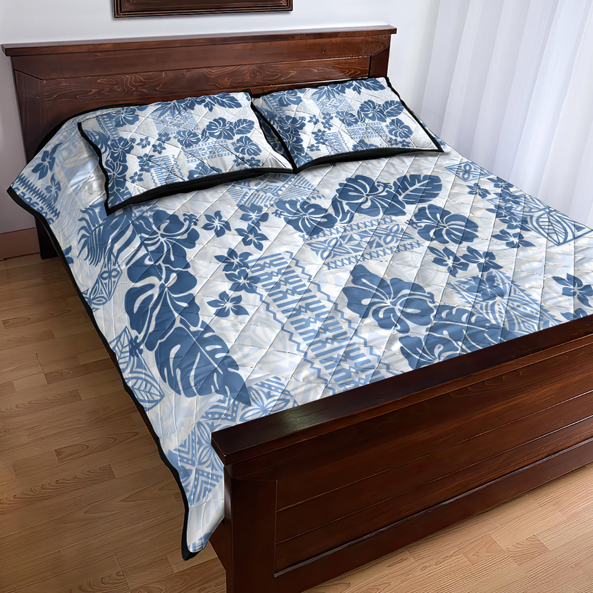 Vintage Hawaii Quilt Bed Set Hibiscus Tapa Tribal With Hawaiian Quilt Pattern Blue - Wonder Print Shop