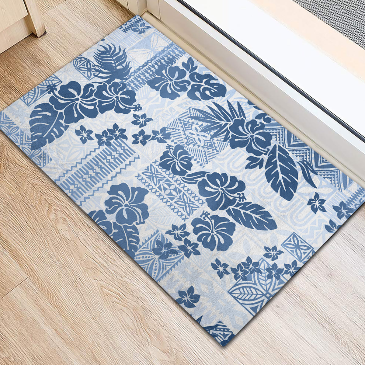 Vintage Hawaii Rubber Doormat Hibiscus Tapa Tribal With Hawaiian Quilt Pattern Blue - Wonder Print Shop
