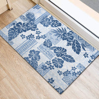 Vintage Hawaii Rubber Doormat Hibiscus Tapa Tribal With Hawaiian Quilt Pattern Blue - Wonder Print Shop