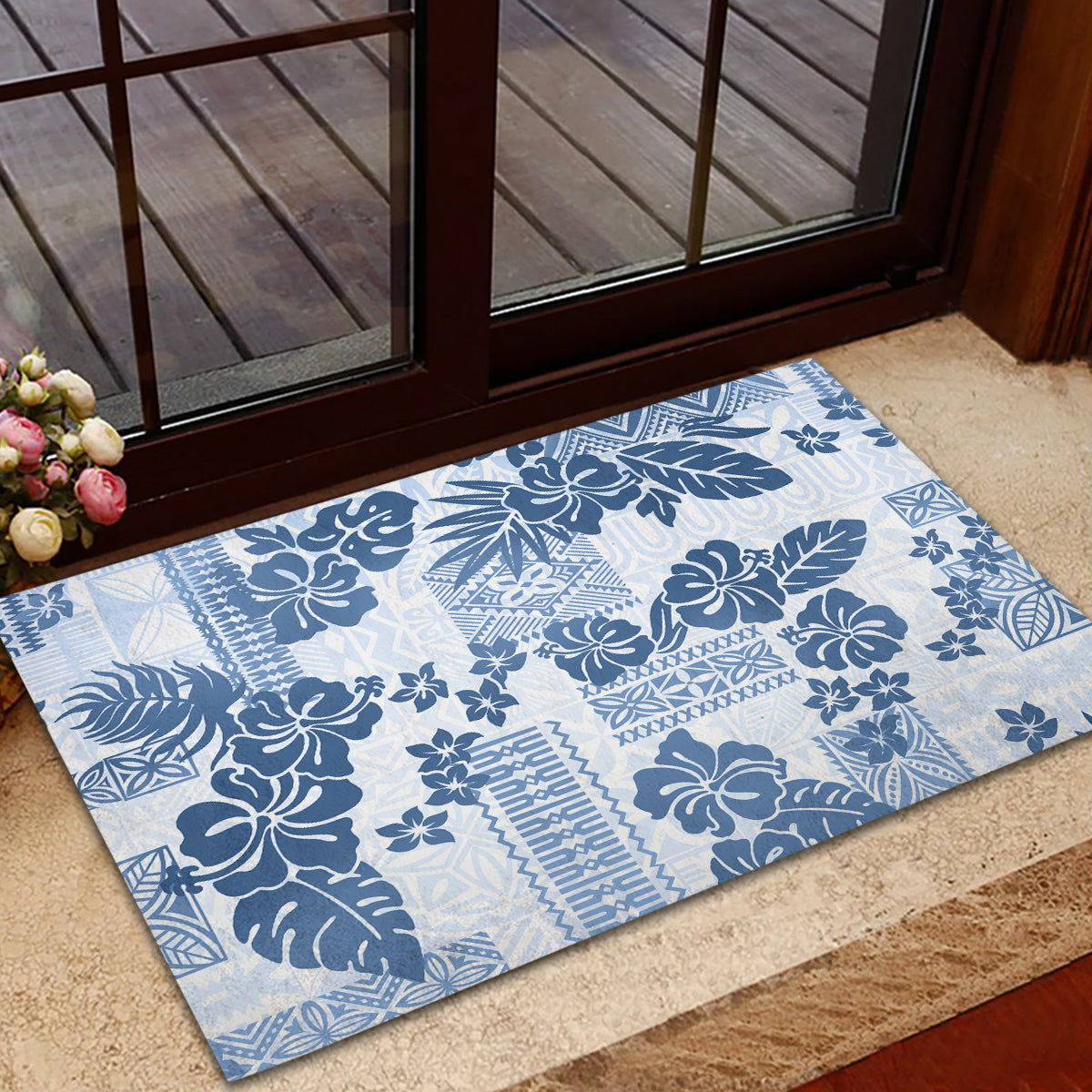 Vintage Hawaii Rubber Doormat Hibiscus Tapa Tribal With Hawaiian Quilt Pattern Blue - Wonder Print Shop