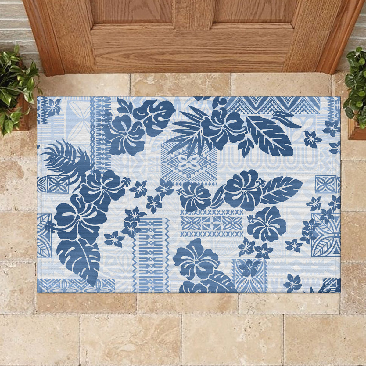 Vintage Hawaii Rubber Doormat Hibiscus Tapa Tribal With Hawaiian Quilt Pattern Blue - Wonder Print Shop