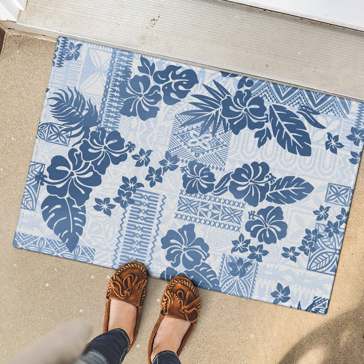 Vintage Hawaii Rubber Doormat Hibiscus Tapa Tribal With Hawaiian Quilt Pattern Blue - Wonder Print Shop