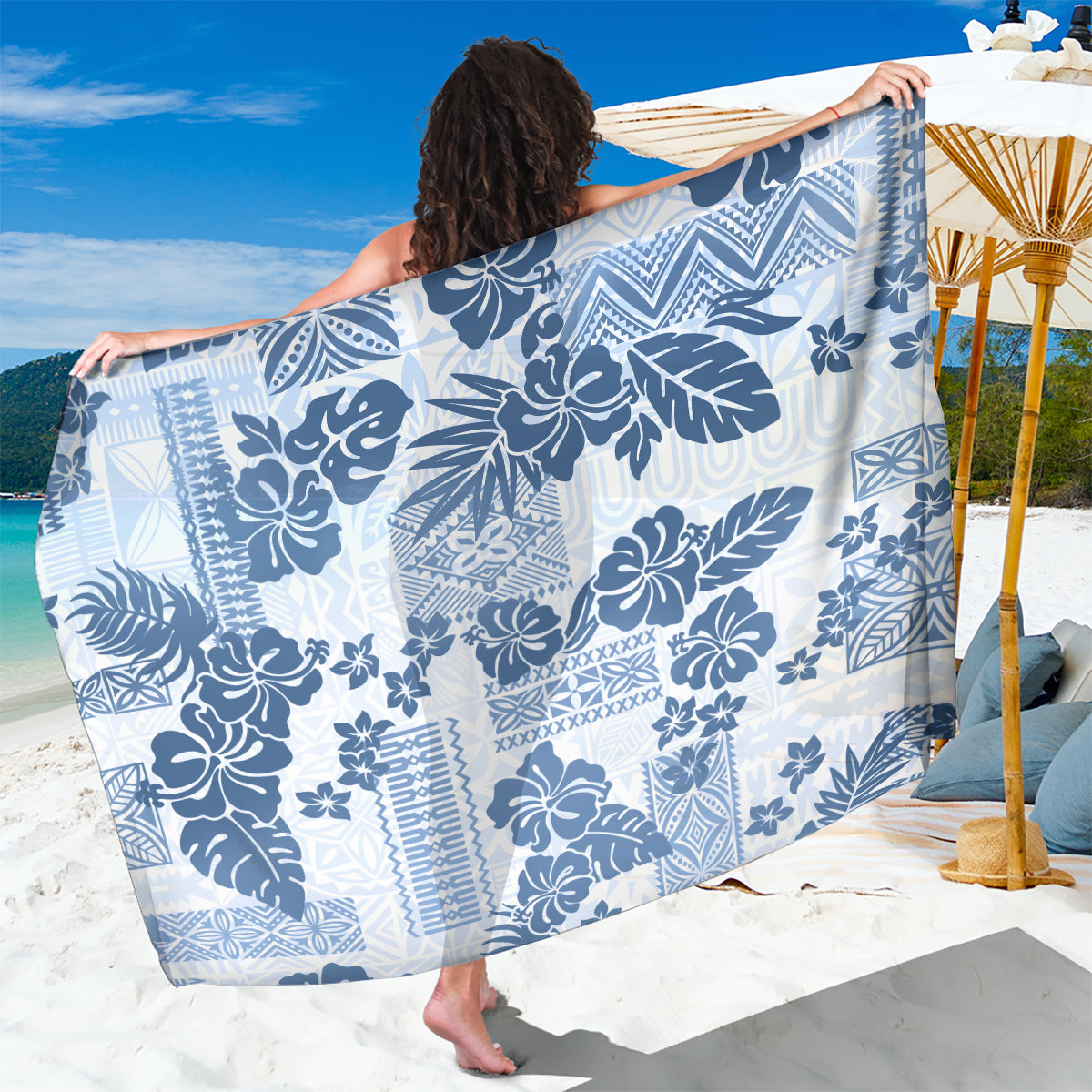 Vintage Hawaii Sarong Hibiscus Tapa Tribal With Hawaiian Quilt Pattern Blue - Wonder Print Shop