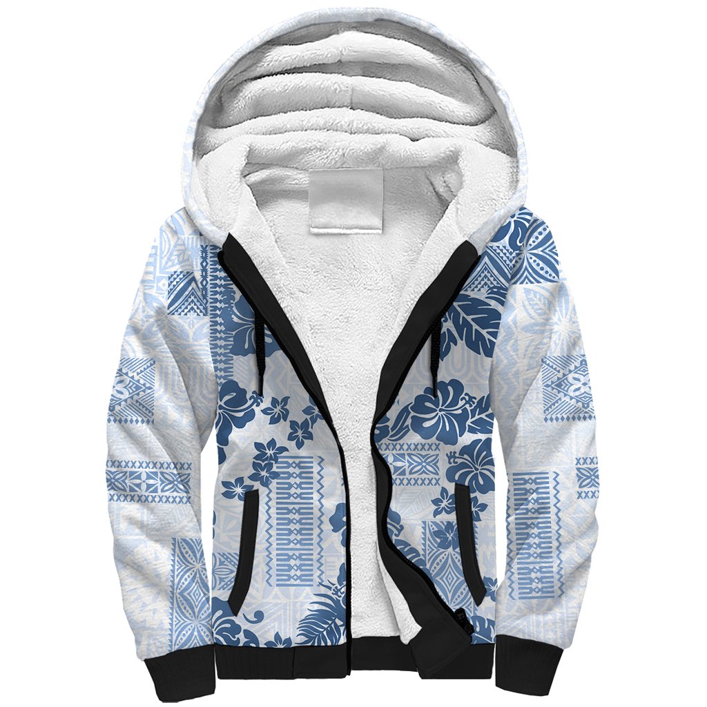 Vintage Hawaii Sherpa Hoodie Hibiscus Tapa Tribal With Hawaiian Quilt Pattern Blue - Wonder Print Shop